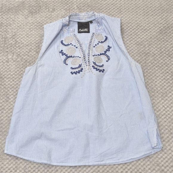 Nanette Lepore Ruffle VNeck Tank Medium Embroidered Striped Boho Blue White - Picture 1 of 9